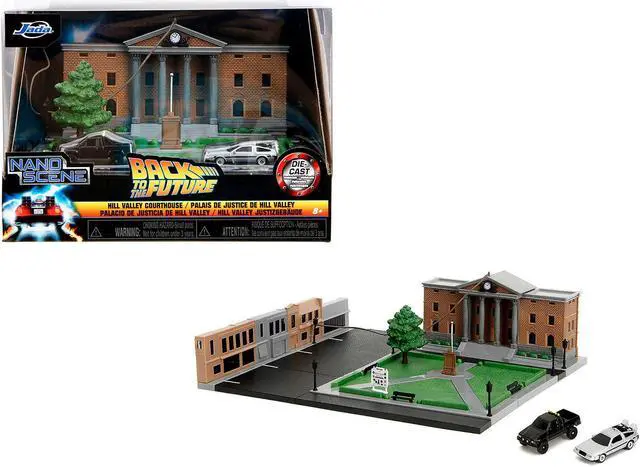 Alt view image 10 of 11 - Hill Valley Courthouse Diorama with Black Pickup Truck and Delorean "Back to the Future" (1985) Movie "Nano Scene" Model by Jada