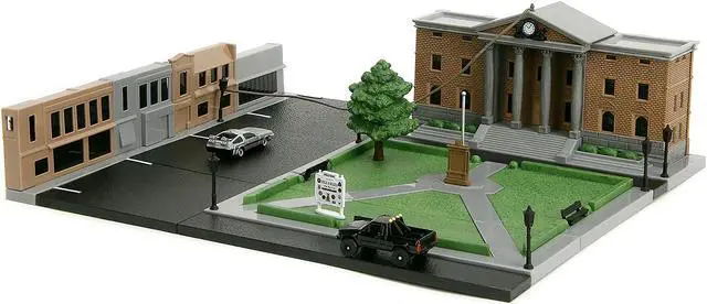 Alt view image 11 of 11 - Hill Valley Courthouse Diorama with Black Pickup Truck and Delorean "Back to the Future" (1985) Movie "Nano Scene" Model by Jada