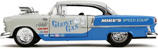 Alt view image 7 of 11 - 1955 Chevrolet Bel Air "Ghost Gas - Mike's Speed Equip" Light Gray & Blue "Bigtime Muscle" Series 1/24 Diecast Model Car by Jada