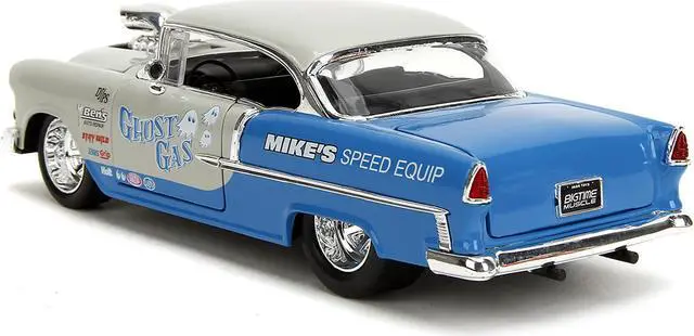 Alt view image 10 of 11 - 1955 Chevrolet Bel Air "Ghost Gas - Mike's Speed Equip" Light Gray & Blue "Bigtime Muscle" Series 1/24 Diecast Model Car by Jada
