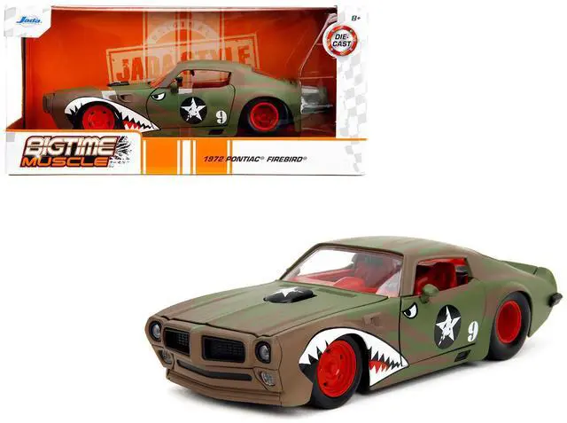 Alt view image 11 of 11 - 1972 Pontiac Firebird #9 Green Camouflage Flames with Graphics and Red Interior "Bigtime Muscle" 1/24 Diecast Model Car by Jada