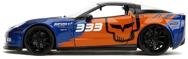 Alt view image 7 of 11 - 2006 Chevrolet Corvette Z06 #333 "Spirit Racing" Blue Metallic and Orange with Black Hood and Top 1/24 Diecast Model Car by Jada