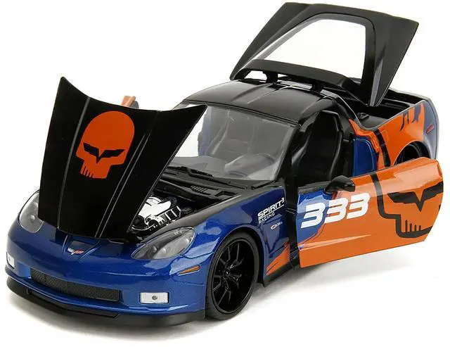 Alt view image 10 of 11 - 2006 Chevrolet Corvette Z06 #333 "Spirit Racing" Blue Metallic and Orange with Black Hood and Top 1/24 Diecast Model Car by Jada