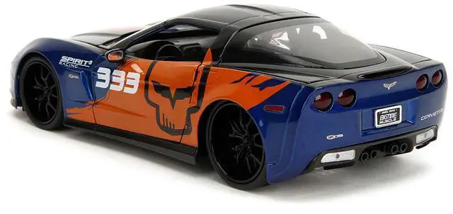 Alt view image 8 of 11 - 2006 Chevrolet Corvette Z06 #333 "Spirit Racing" Blue Metallic and Orange with Black Hood and Top 1/24 Diecast Model Car by Jada