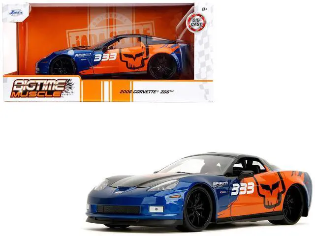 Alt view image 11 of 11 - 2006 Chevrolet Corvette Z06 #333 "Spirit Racing" Blue Metallic and Orange with Black Hood and Top 1/24 Diecast Model Car by Jada
