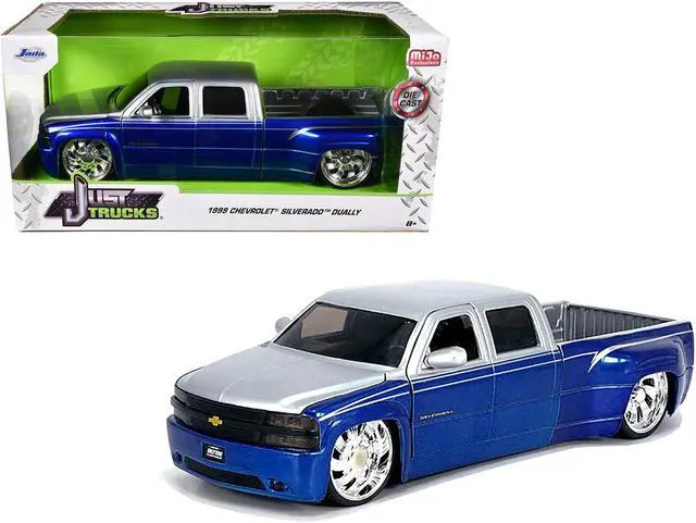 Alt view image 5 of 6 - 1999 Chevrolet Silverado Dually Truck Blue Met & Silver w/Custom KMC Wheels "Just Trucks" Series 1/24 Die Cast Model Car by Jada