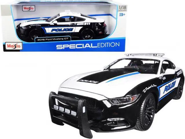 Alt view image 2 of 2 - 2015 Ford Mustang GT 5.0 Police Car Black and White with Blue Stripes 1/18 Diecast Model Car by Maisto