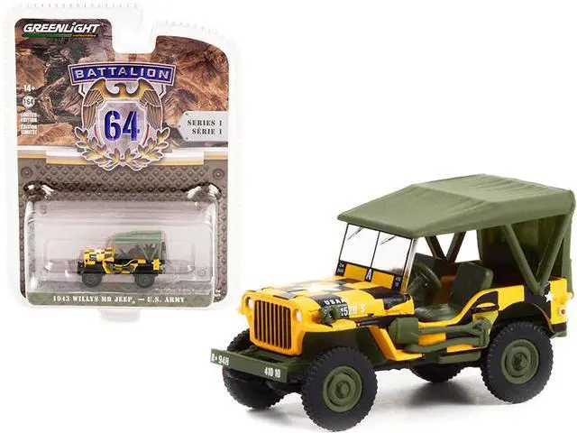Alt view image 2 of 2 - 1943 Willys MB Jeep Yellow and Black with Green Top "Follow Me" U.S. Army "Battalion 64" Release 1 1/64 Diecast Model Car by Greenlight