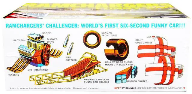 Alt view image 10 of 12 - Skill 2 Model Kit Dodge Challenger Ramchargers Funny Car "Legends of the Quarter Mile" 1/25 Scale Model by MPC