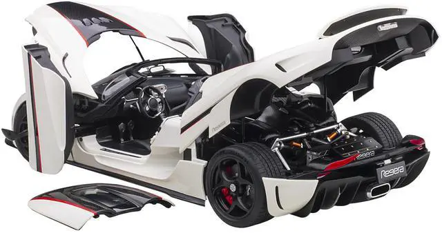 Alt view image 12 of 12 - Koenigsegg Regera White with Black Carbon and Red Stripes 1/18  Model Car by Autoart