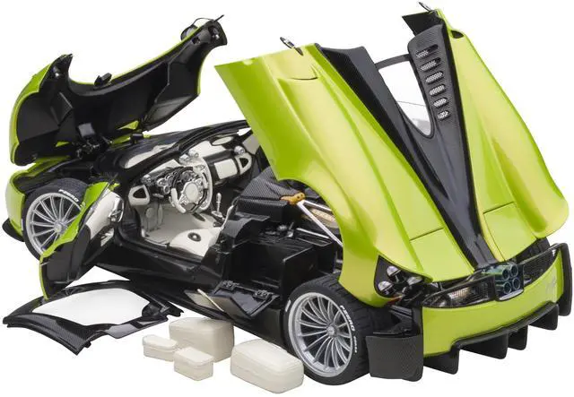 Alt view image 12 of 14 - Pagani Huayra Roadster Verde Firenze Green Metallic and Carbon with Luggage Set 1/18 Model Car by Autoart