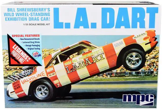 Alt view image 7 of 8 - Skill 2 Model Kit Bill Shrewsberry's L.A. Dart Wheelstander Drag Car "Legends of the Quarter Mile" 1/25 Scale Model Car by MPC