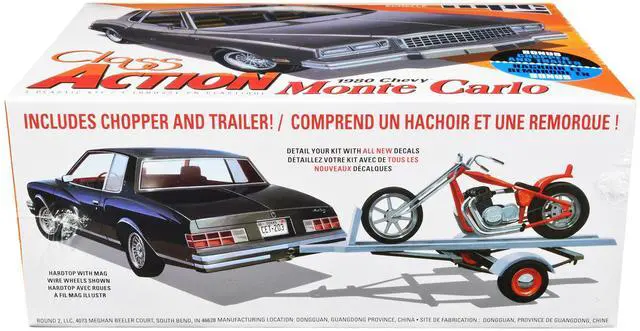 Alt view image 7 of 10 - Skill 2 Model Kit 1980 Chevrolet Monte Carlo "Class Action" With Motorcycle And Trailer (Skill 2) 1/25 Scale Model Car By Mpc