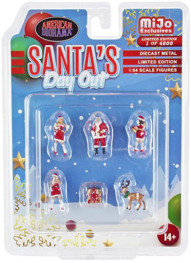 Alt view image 4 of 4 - "Santa's Day Out" 6 piece Diecast Set (1 Male 2 Female 1 Reindeer 1 Present & Accessories) 1/64 Scale Models by American Diorama