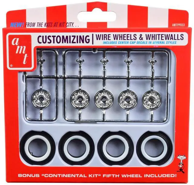 Alt view image 4 of 4 - Skill 2 Model Kit Wire Wheels and Whitewall Tires Set of 5 Pieces for 1/25 Scale Models by AMT