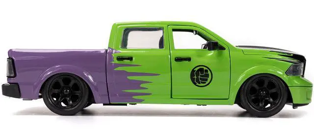 Alt view image 8 of 11 - 2014 RAM 1500 Pickup Truck Green and Purple and Hulk Diecast Figure "Marvel Avengers" 1/24 Diecast Model Car by Jada
