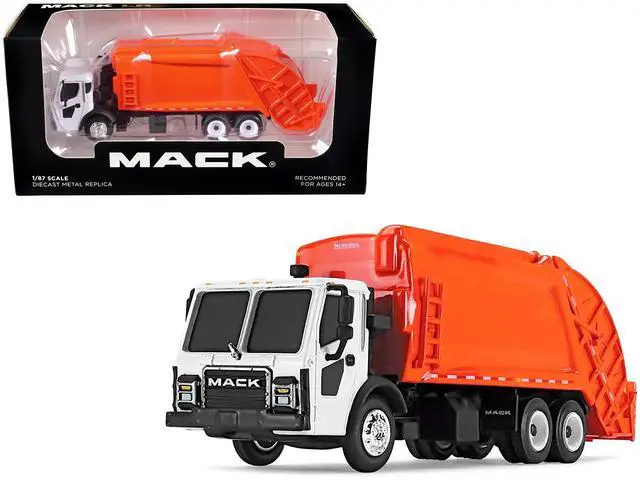 Alt view image 5 of 5 - Mack LR with McNeilus Rear Load Refuse Body Orange and White 1/87 (HO) Diecast Model by First Gear