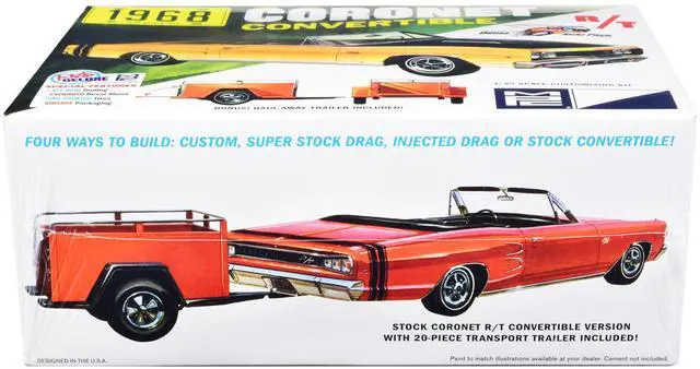 Alt view image 5 of 8 - Skill 2 Model Kit 1968 Dodge Coronet R/T Convertible with Haul-Away Trailer 1/25 Scale Model by MPC