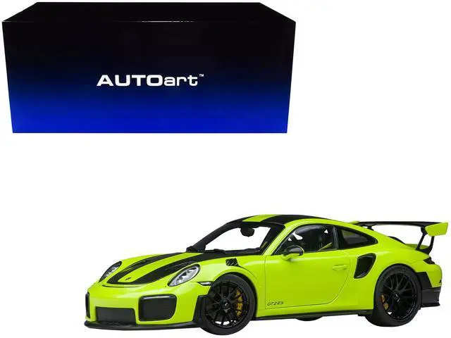 Alt view image 8 of 11 - Porsche 911 (991.2) GT2 RS Weissach Package Acid Green with Carbon Stripes 1/18 Model Car by Autoart