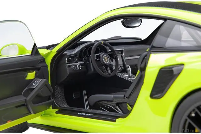 Alt view image 10 of 11 - Porsche 911 (991.2) GT2 RS Weissach Package Acid Green with Carbon Stripes 1/18 Model Car by Autoart