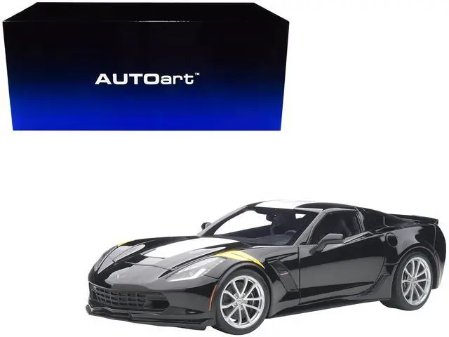 Alt view image 5 of 7 - 2017 Chevrolet Corvette C7 Grand Sport Black with White Stripe and Yellow Fender Hash Marks 1/18 Model Car by Autoart