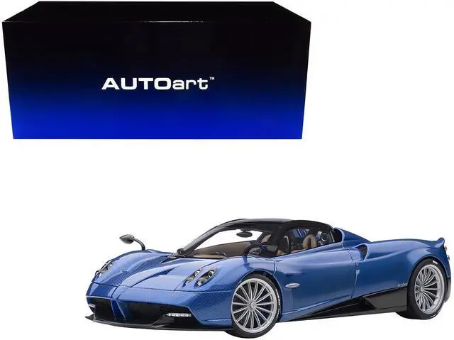 Alt view image 8 of 10 - Pagani Huayra Roadster Blue Tricolore Carbon Fiber with Black Top with Luggage Set 1/18 Model Car by Autoart