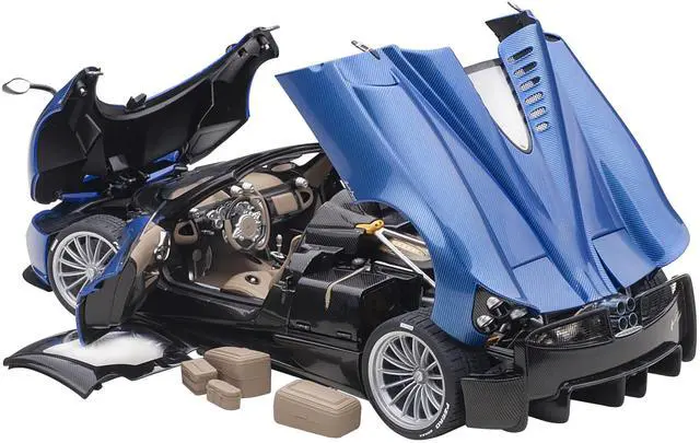 Alt view image 10 of 10 - Pagani Huayra Roadster Blue Tricolore Carbon Fiber with Black Top with Luggage Set 1/18 Model Car by Autoart