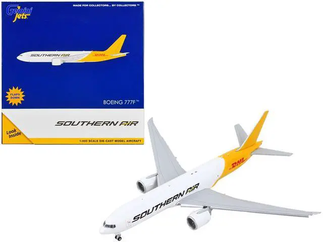 Alt view image 8 of 8 - Boeing 777F Commercial Aircraft with Flaps Down "Southern Air - DHL" White and Yellow 1/400 Diecast Model Airplane by GeminiJets