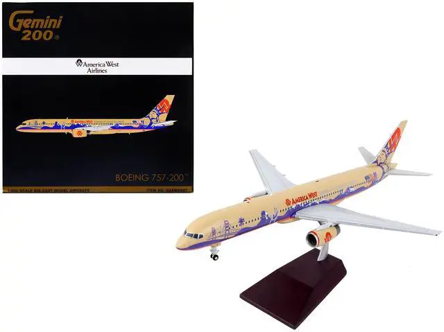 Alt view image 5 of 5 - Boeing 757-200 Commercial Aircraft "America West Airlines" Beige with Purple Graphics 1/200 Diecast Model Airplane by GeminiJets