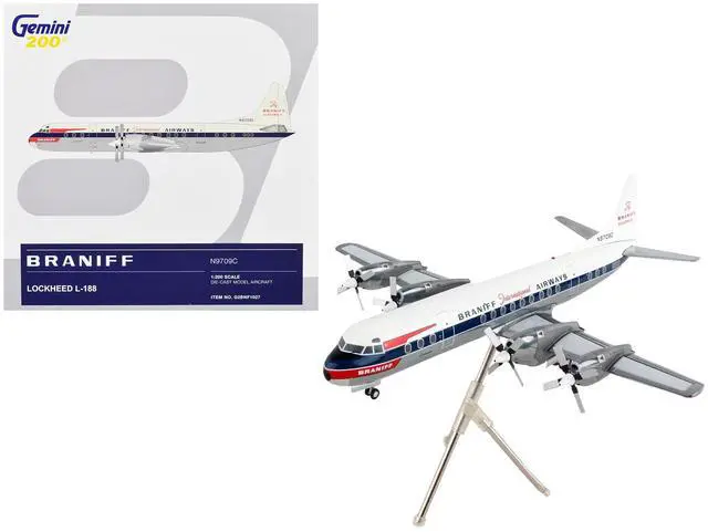 Alt view image 5 of 5 - Lockheed L-188 Electra Commercial Aircraft White with Blue Stripes 1/200 Diecast Model Airplane by GeminiJets