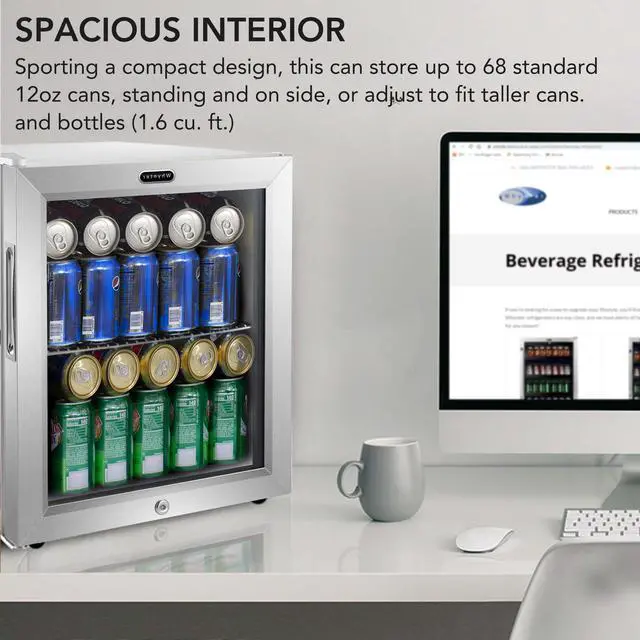 Alt view image 3 of 7 - Beverage Refrigerator with Double-Layer Glass Door, 68-Can 1.6 Cu Ft Freestanding Drink Mini Fridge, BR-062WS, Stainless Steel