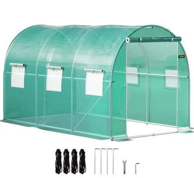 Alt view image 2 of 3 - VEVOR Walk-in Tunnel Greenhouse, 12 x 7 x 7 ft Portable Plant Hot House w/ Galvanized Steel Hoops, 1 Top Beam, Diagonal Poles, Zippered Door & 6 Roll-up Windows, Green