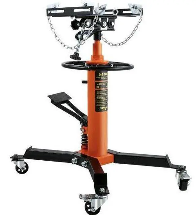 Alt view image 2 of 3 - VEVOR Transmission Jack,1/2Ton/1100lbs Capacity Hydraulic Telescopic Transmission Jack, 2-Stage Floor Jack Stand with Foot Pedal, 360 Swivel Wheel, Garage/ Shop Lift Hoist, Orange
