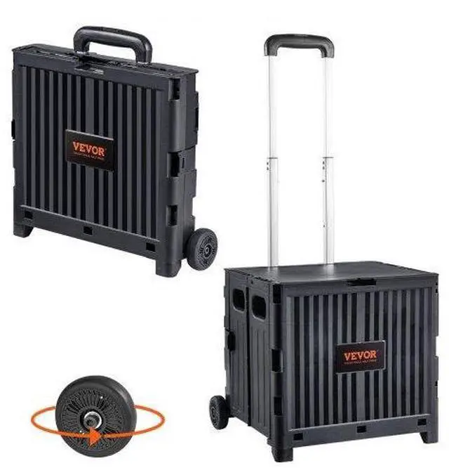 Main image of VEVOR Foldable Utility Cart, 80 lbs Load Capacity, Folding Portable Rolling Crate Handcart with Durable Heavy Duty Telescoping Handle and 2 Wheels for Travel Shopping Moving Luggage Office Use, Black