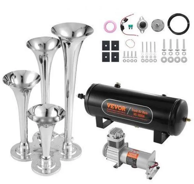 Main image of VEVOR Train Horns Kit, 4 Trumpet Air Horn Kit, 150dB Train Horns for Pickup Trucks, 12V 160 psi Air Compressor 2.6 Gal/10 L Tank with Gauge for Any 12V Vehicle Car Truck Train Van Boat