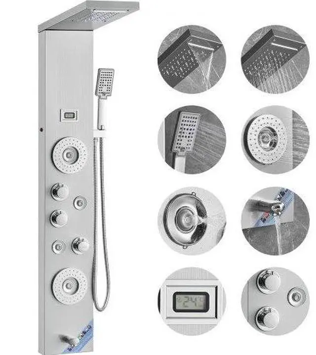 Main image of VEVOR Shower Panel System, 6 Shower Modes, LED & Display Shower Panel Tower, Rainfall, Waterfall, 4 Body Massage Jets, Tub Spout, Handheld Shower Head 59" Hose, Stainless Steel Wall-Mounted Shower Set