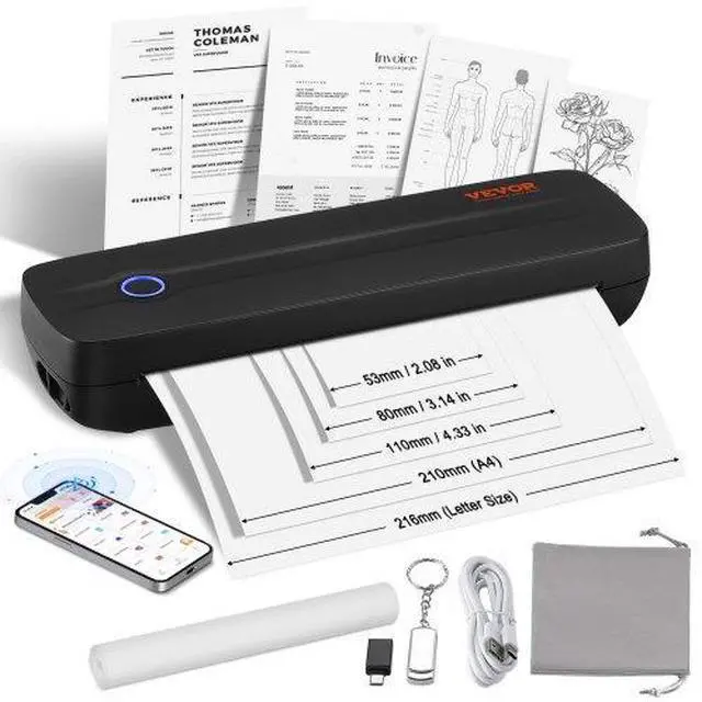 Main image of VEVOR  Portable Printer - 2600mAh Battery, 203 DPI, Bluetooth Inkless Mobile Printer for A4, A5 & 8.5" x 11" Thermal Paper, Compatible with iOS, Android & Laptop, Ideal for Travel, Office & Home Use
