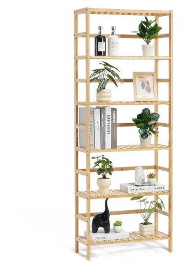 Main image of VEVOR  6-Tier Bamboo Shelf, Rattan Shelf, Open Wood Bookshelf, Display Storage Rack Organizer, Freestanding Flower Plant Stand, Multifunctional Bamboo Bookshelf Ideal for Bathroom, Bedroom, Office, S