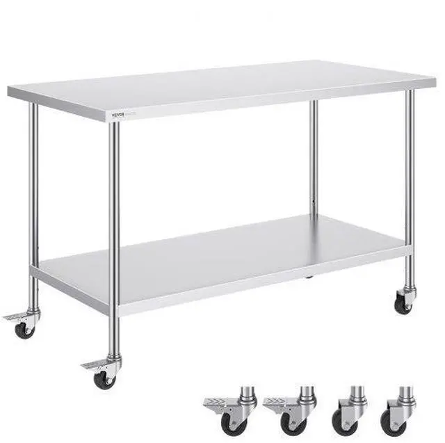 Main image of VEVOR  Stainless Steel Work Table 30 x 60 x 38 Inch, with 4 Wheels, 3 Adjustable Height Levels, Heavy Duty Food Prep Worktable for Commercial Kitchen Restaurant, Silver
