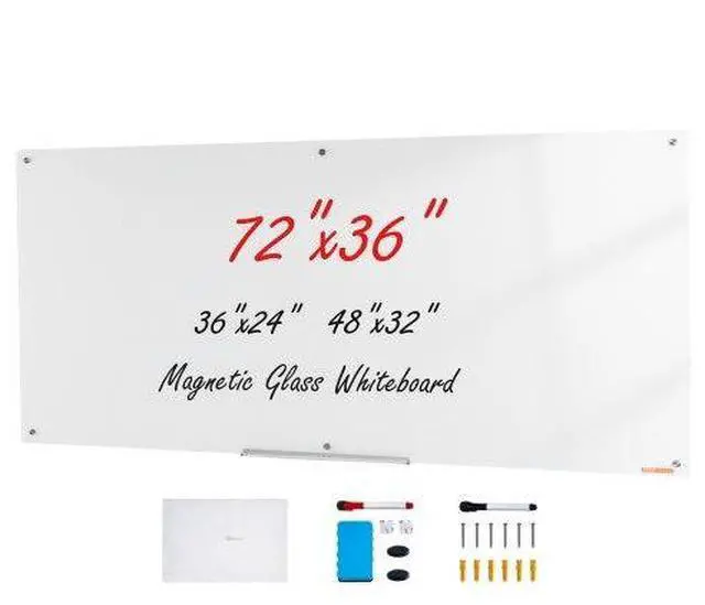 Main image of VEVOR  Magnetic Glass Whiteboard, Dry Erase Board 72"x36", Wall-Mounted Large White Glassboard Frameless, with Marker Tray, an Eraser and 2 Markers, White