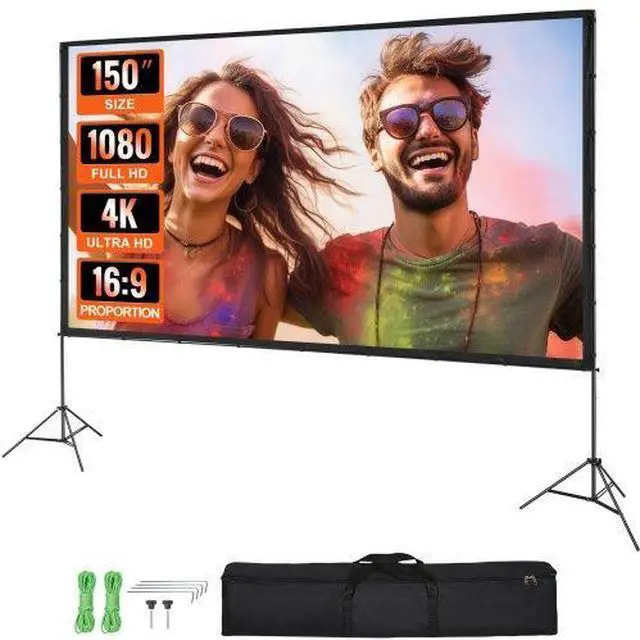 Main image of VEVOR Projector Screen with Stand, 150 inch 16:9 4K 1080 HD Outdoor Movie Screen with Stand, Wrinkle-Free Projection Screen with Tripods and Carry Bag, for Home Theater Cinema Backyard Movie Night