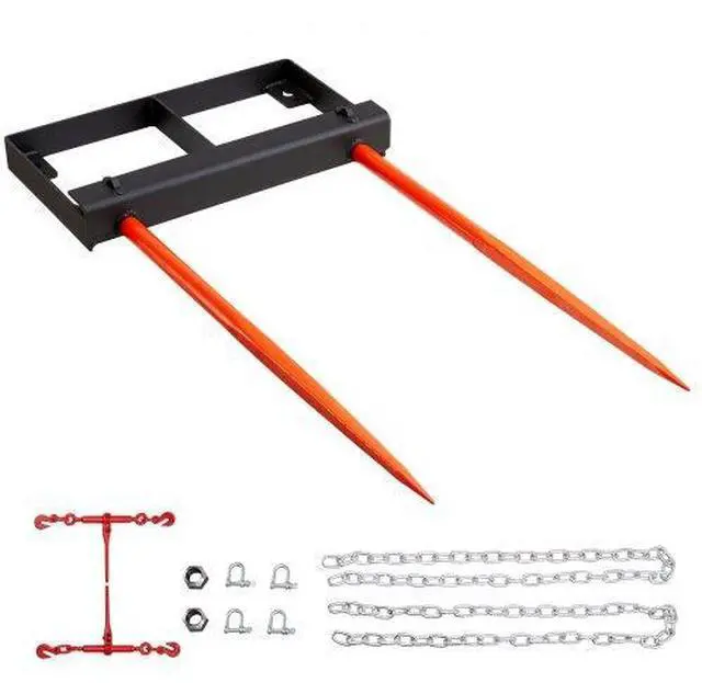 Main image of VEVOR 49" Hay Spear, Bale Spears 3000lbs Loading Capacity, Skid Steer Loader Tractor Bucket Attachment with 2pcs 17.5" Stabilizer Spears and 60" Chain, Quick Attach Spike Forks