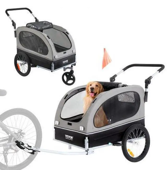 Alt view image 2 of 3 - VEVOR Dog Bike Trailer, Supports up to 88 lbs, 2-in-1 Pet Stroller Cart Bicycle Carrier, Easy Folding Cart Frame with Quick Release Wheels, Universal Bicycle Coupler, Reflectors, Flag, Black/Gray
