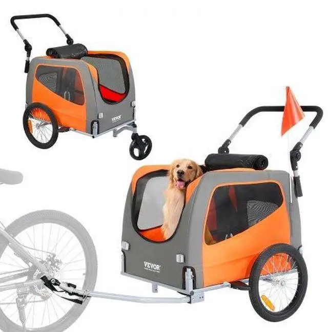 Alt view image 2 of 3 - VEVOR Dog Bike Trailer, Supports up to 66 lbs, 2-in-1 Pet Stroller Cart Bicycle Carrier, Easy Folding Cart Frame with Quick Release Wheels, Universal Bicycle Coupler, Reflectors, Flag, Orange/Gray