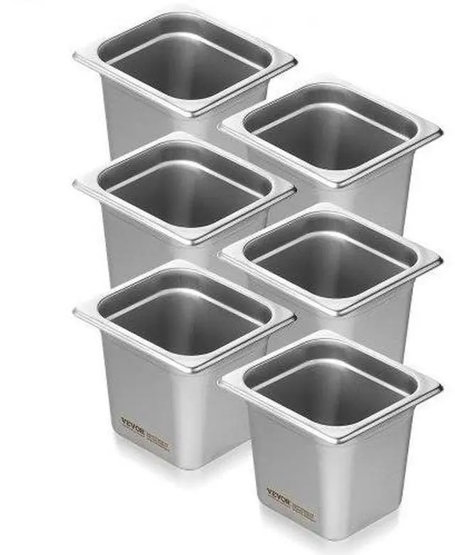 Main image of VEVOR 6 Pack Hotel Pans, 1/6  Size Anti-Jam Steam Pan, 0.8mm Thick Stainless Steel Restaurant Steam Table Pan, 6-Inch Deep Commercial Table Pan, Catering Storage Food Pan, for Industrial & Scientific