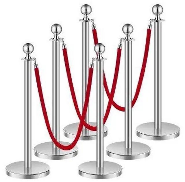 Main image of VEVOR Stanchions and Velvet Ropes 6Pcs, Hollow Base with Stainless Steel Post, 3 Red Velvet Ropes and Posts, Crowd Control Barriers Silver Stanchions, Red Carpet Runner Poles for Party Supplies