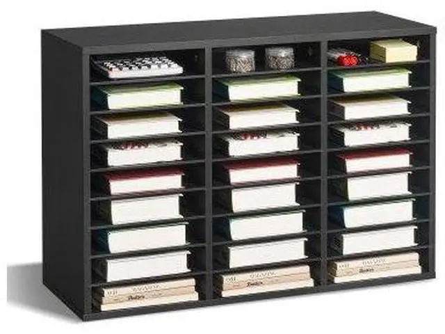 Main image of VEVOR Literature Organizer, 27 Compartments Office Mailbox with Removable Shelves, Wooden Mailbox Sorter Particle Board Office Home Classroom Storage, File Sorter for Files, Documents, Papers, Black