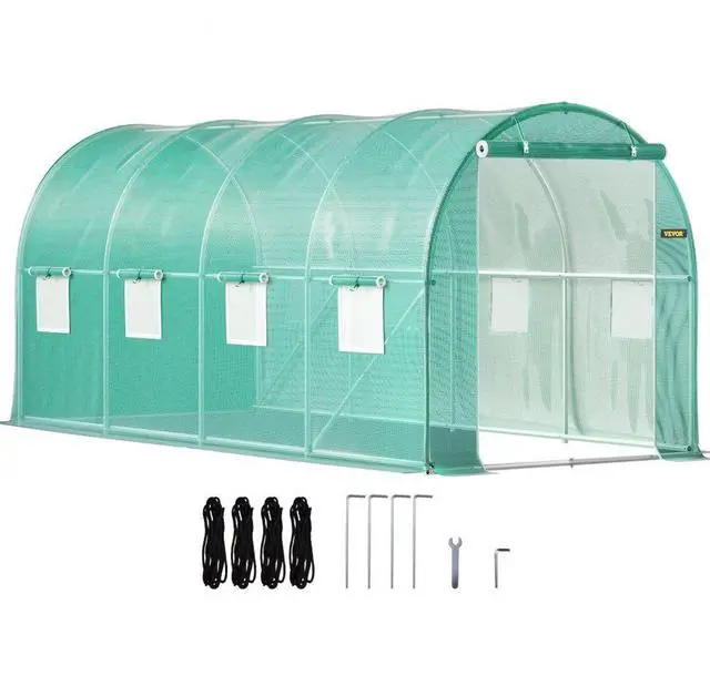 Alt view image 2 of 8 - VEVOR Walk-in Tunnel Greenhouse, 15 x 7 x 7 ft Portable Plant Hot House w/ Galvanized Steel Hoops, 1 Top Beam, Diagonal Poles, Zippered Door & 8 Roll-up Windows, Green