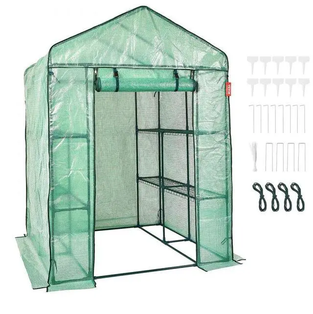 Alt view image 2 of 8 - VEVOR Walk-in Green House, 4.6 x 4.6 x 6.6 ft  Greenhouse with Shelves, High Strength PE Cover with Doors & Windows and Steel Frame, Set Up in Minutes, Suitable for Planting and Storage