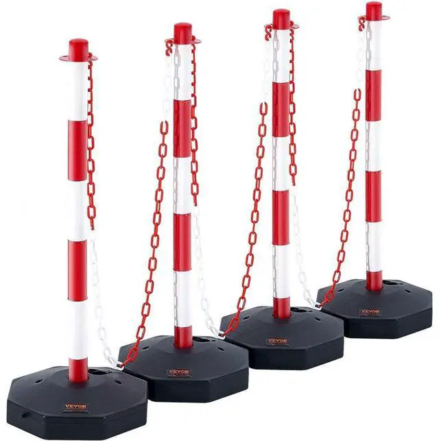 Main image of VEVOR Adjustable Traffic Delineator Post Cones, 4 Pack, Traffic Safety Delineator Barrier with Fillable Base 8FT Chain, for Traffic Control Warning Parking Lot Construction Caution Roads, Red & White